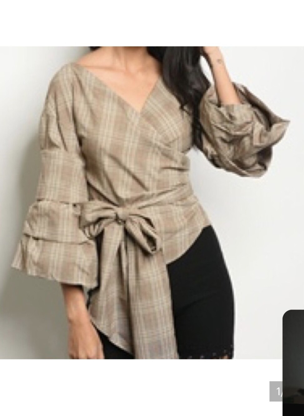 DO+BE Plaid Wrap Top with Tiered Ruffle Flared Sleeves Large
